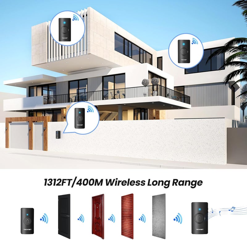 TECKNET Wireless Doorbell 1312FT, IP67 Waterproof Classroom Doorbell Battery-Powered Door Bell, 60 Chimes 5-Level Volume, 4.5-year Battery Life, Electric Doorbells No Plug-in Required for Home - Image 2